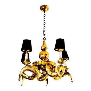 1970s Vintage 5 Armed Solid Brass Ram Horn Chandelier by Chapman Lighting For Sale
