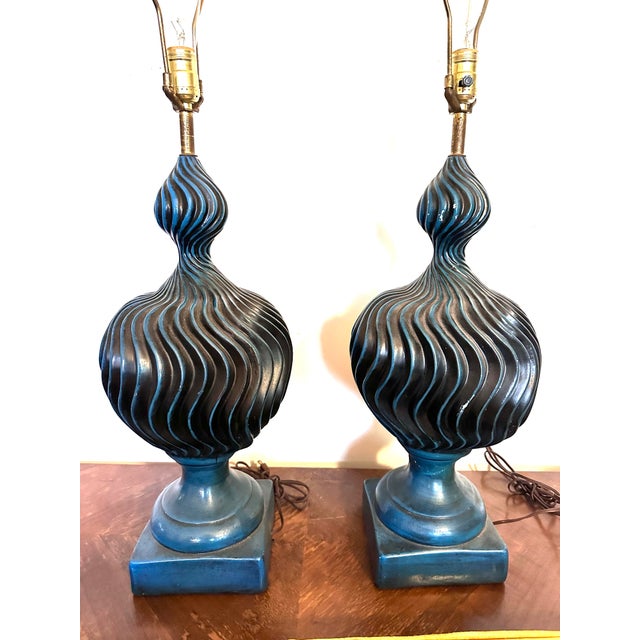 Mid-Century Modern Pair of Mid 20th Century Two-Tone Blue Ceramic Swirl Statement Table Lamps For Sale - Image 3 of 12