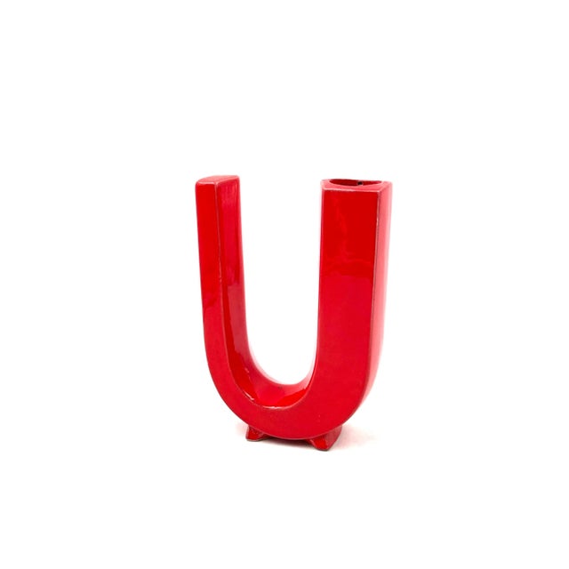 Space age red letter shaped ceramic solifleur vase Creations Marcel Radureau France ca. 1970 H 20.5 cm - 15 × 6 cm...