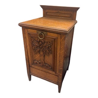 Antique Oak Coal Firewood Scuttle With Relief Carved Oak Tree For Sale