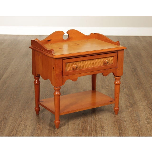 Vintage Pine Side Table or Nightstand with Single Woven Wicker Front Drawer, Faux Wood Grain Laminated Top