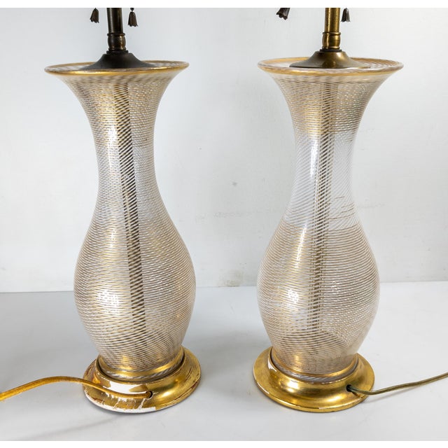 Mid-Century Modern Mid-Century Pair of Italian Murano White and Clear Latticinio Lamps With Gilding For Sale - Image 3 of 12