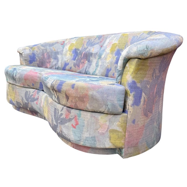 20th Century Kagan style curved sofa that floats beautifully in just about any space. The fabric is a grey overall tone...