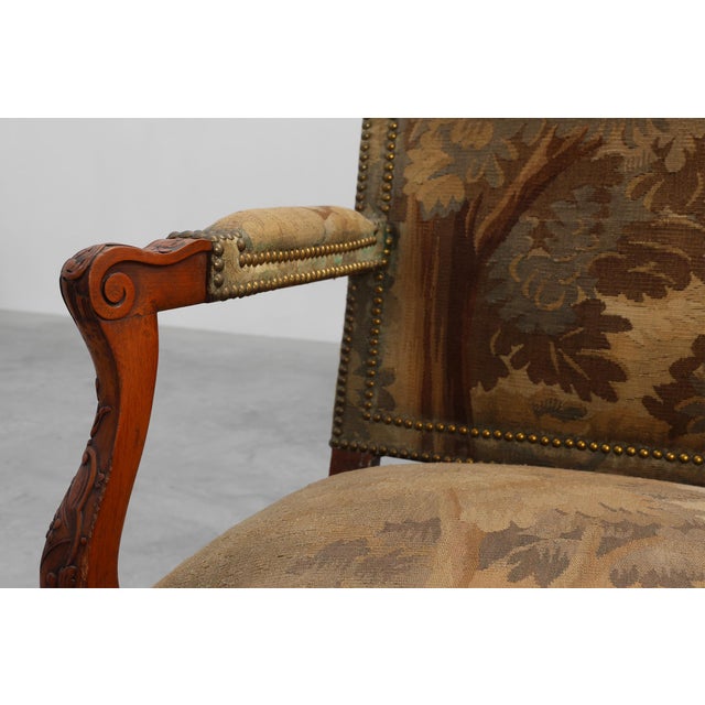 Carved Walnut Armchair with Cabriole Legs and Tapestry Upholstery, France, 1880 For Sale - Image 5 of 18