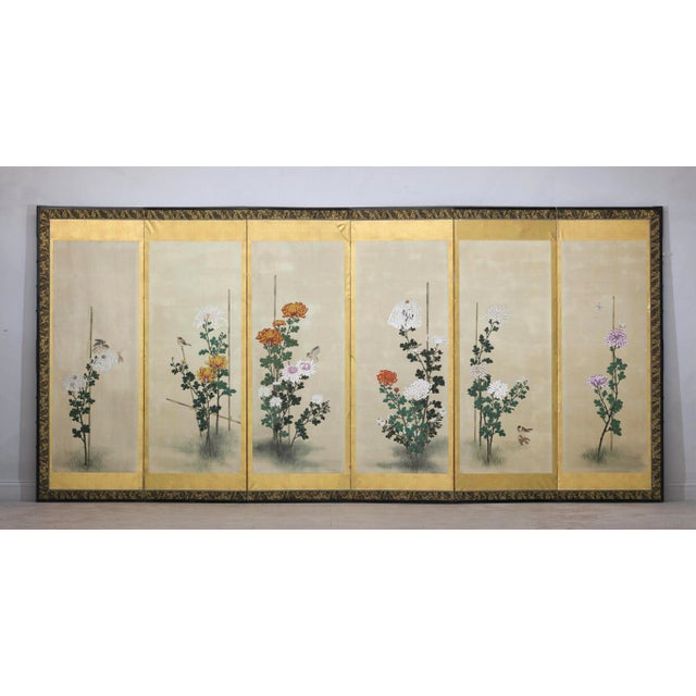 Early 20th Century Early 20th Century Japanese Taishō Period Six-Panel Screen with Hand-Painted Chrysanthemums and Birds For Sale - Image 5 of 12