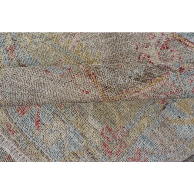 Hand-Knotted Oushak Runner With Medallion Design on a Tan Field With Red & Blue For Sale - Image 11 of 13