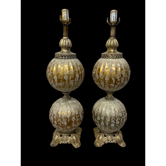 This pair of VTG Hollywood Regency Table Lamps are breathtaking...The fluted balloon globes have interior paint that sets...