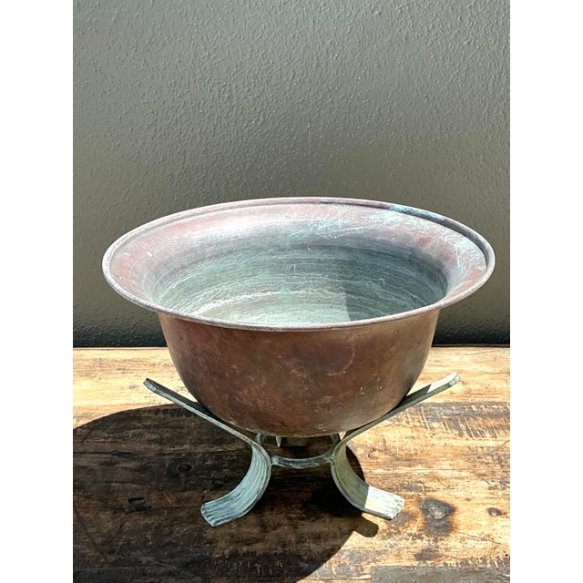 Vintage Patinated Copper Bowl on Verdigris Stand For Sale - Image 4 of 12
