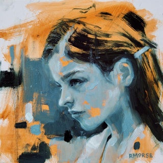 Profile on Orange by Ryan Morse | Oil on Artefex panel Portrait of a girl with orange background For Sale