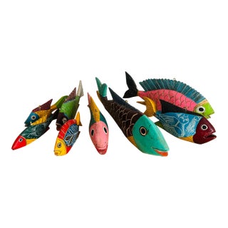 Vintage Set of 8 Hand Carved and Painted Brightly Colored Wood Fish For Sale