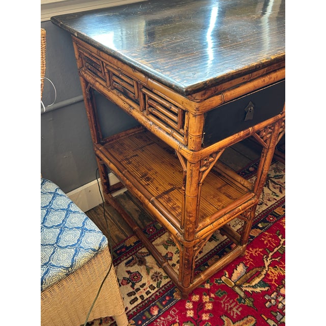 Antique 19th Century Chinese Rattan Desk With Black Lacquer and Bamboo For Sale - Image 11 of 13