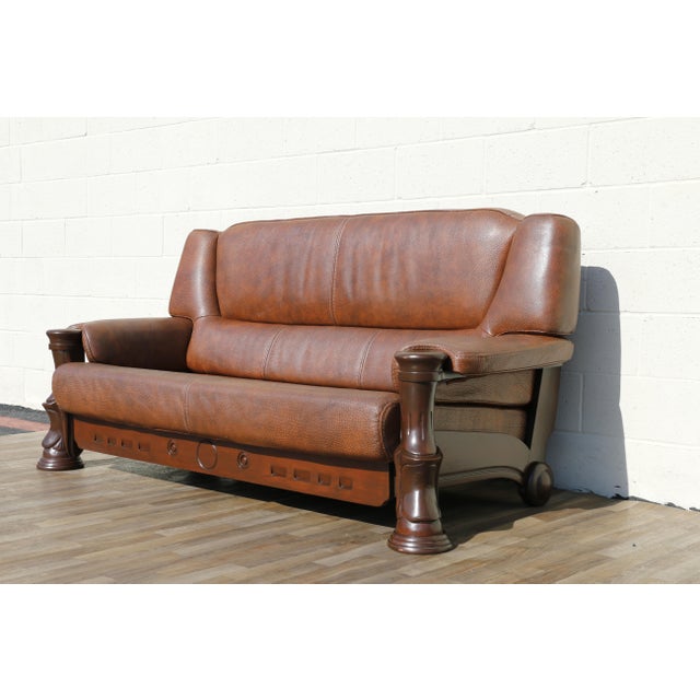 1970s Sculptural Brown Leather Sofa With Solid Wood Frame, Modernist Postmodern Lounge Couch Design For Sale - Image 10 of 18