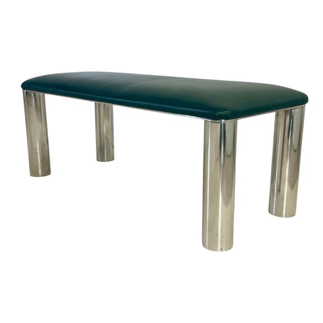 Karl Springer Stainless Steel and Leather Bench, 1980’s. Newly upholstered in green leather. Measures 20” tall 48” long...