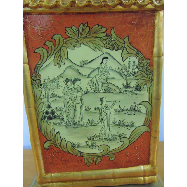 Chinoiserie Chinoiserie Pagoda Form Gilt Scenic Decorated Lamp For Sale - Image 3 of 4