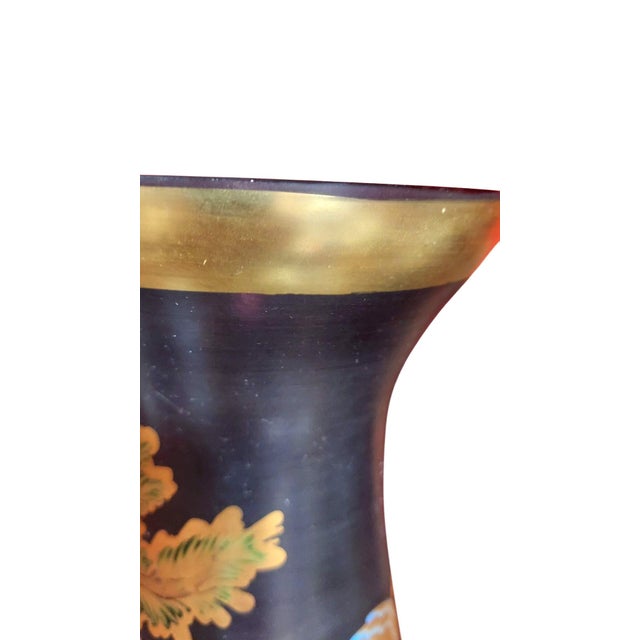 Hand Painted Purple Glass Vase Gilt Gold Regency Style Courting Couple Hearth Mantel Left Facing For Sale - Image 9 of 9