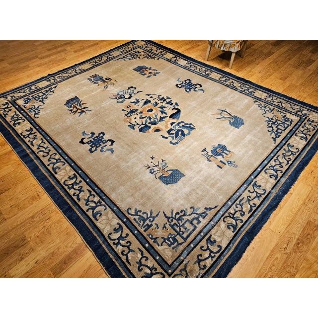 Ivory Antique Chinese Peking Rug, Hand-Knotted Wool, Fortune Symbols, 1800s, 10' x 12' For Sale - Image 8 of 18