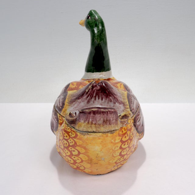 Traditional Antique Polychrome Dutch Delft Figural Duck Shaped Tureen or Covered Bowl For Sale - Image 3 of 13