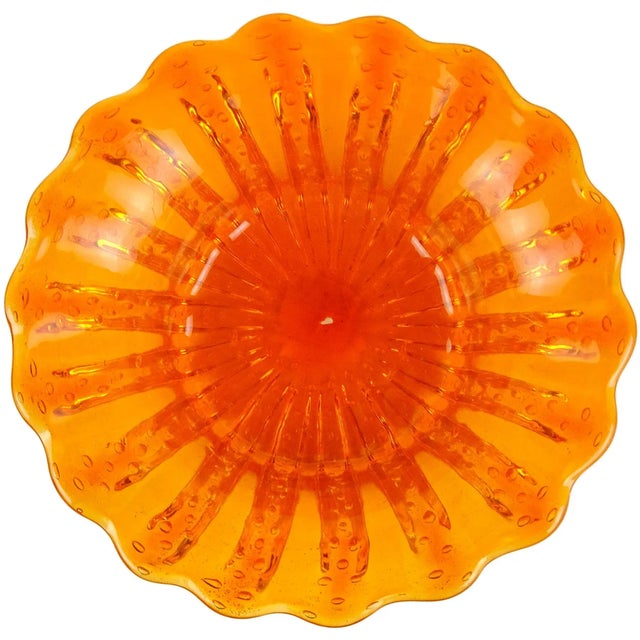 Mid-Century Modern Vintage Barovier Toso Murano Bright Orange Bubbles Gold Flecks Italian Art Glass Scalloped Bowl For Sale - Image 3 of 8
