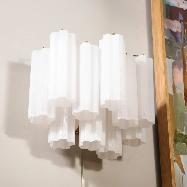 Pair of Mid-Century Modernist Opaline Two-Tier Stepped Tronchi Sconces For Sale - Image 10 of 12