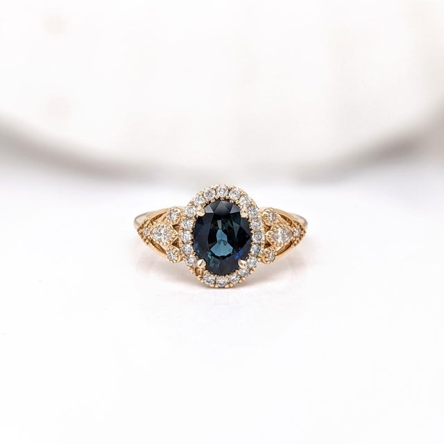 Blue Sapphire Engagement Ring With Natural Diamond Halo: Solid 14k Gold, Size 6.75 For Sale - Image 4 of 10