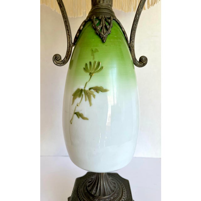Antique Victorian Revival Hand-Painted Floral Glass Table Lamp With Dolphin Supports For Sale - Image 9 of 12