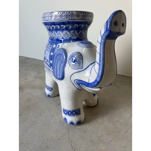 Vintage Handmade Blue & White Ceramic Elephant Garden Stool For Sale - Image 10 of 12