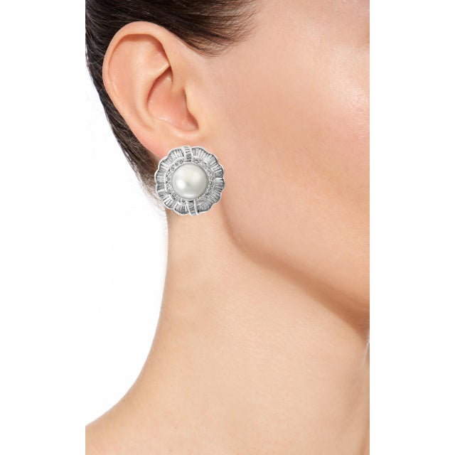 The School of Paris White South Sea Pearl with 12 Carat Diamond Cocktail Earrings 18 Karat Gold For Sale - Image 3 of 18