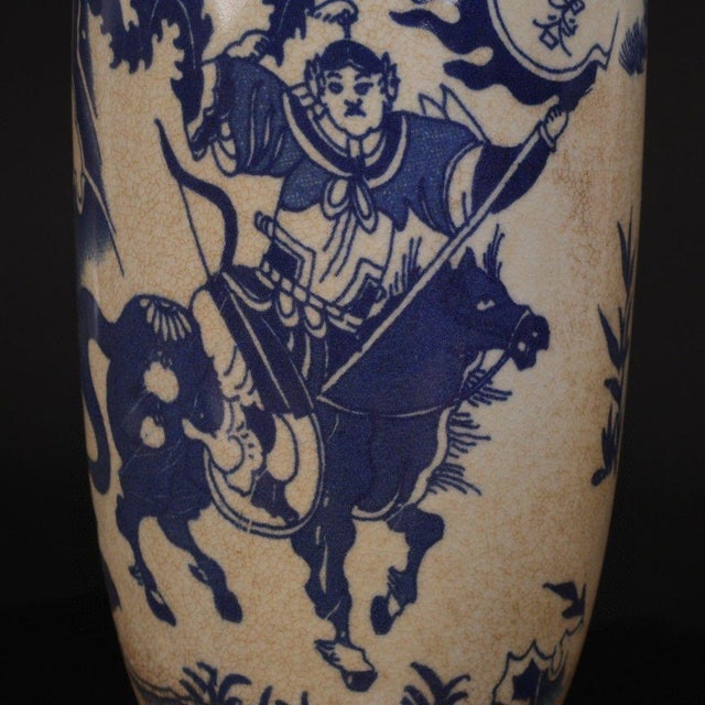 Ceramic Vintage Blue & White Rouleau Vase With Crackle Glaze For Sale - Image 7 of 9