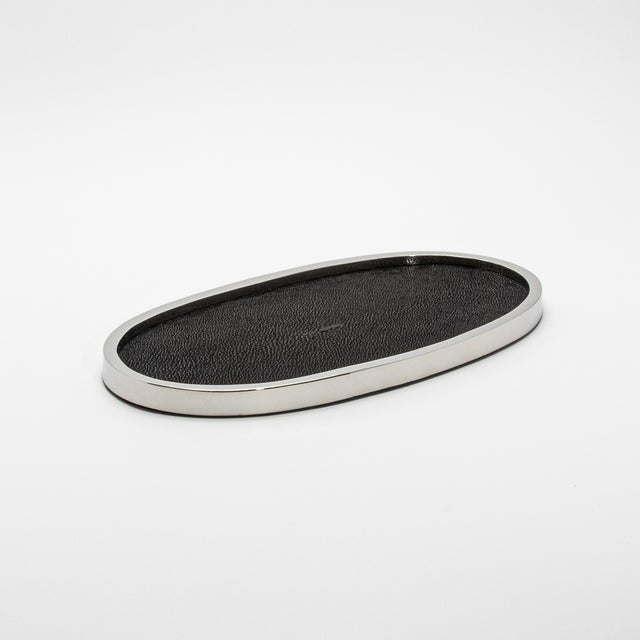 Kifu Paris Oval Tray in Black Shagreen With Polished Stainless Steel by Kifu Paris For Sale - Image 4 of 8