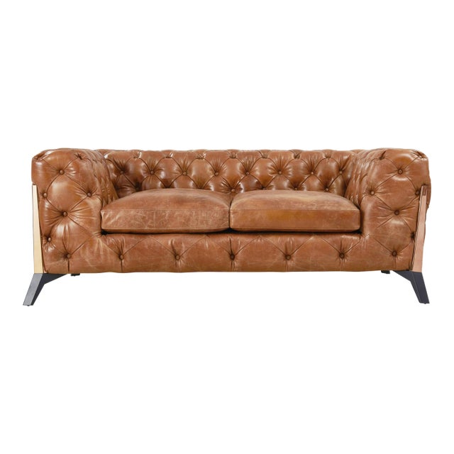 Olivia Contemporary Tufted Chesterfield Love Seat - Light Brown Leather For Sale