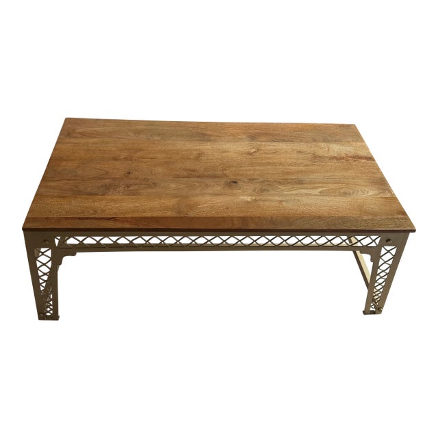 West Elm Solid Wood & Antique Brass Geometric Coffee Table For Sale
