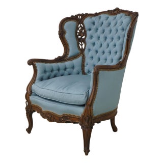 French Louis XV Style Carved Walnut Tufted Wing Chair For Sale