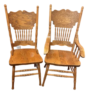 Vintage Carved Solid Oak Pressed-Back Dining Chairs – Captain & Side Chair Pair