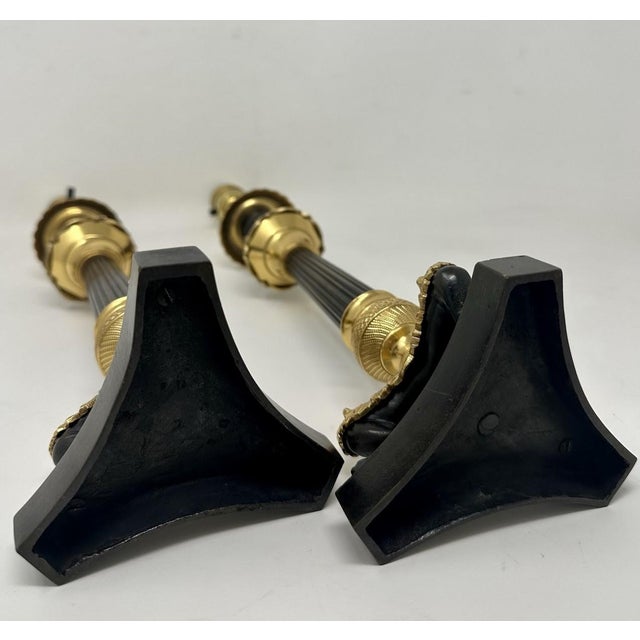 Late 19th Century Antique Pair of French Doré Bronze Neoclassical Ormolu Gilt Candlesticks Lamps For Sale - Image 5 of 6