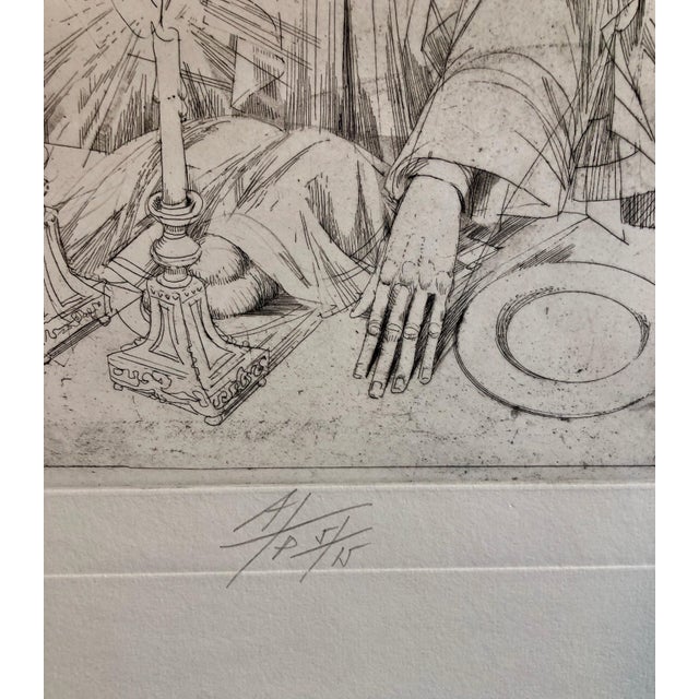 Janos Kass, Hungarian Modernist Judaica Etching Print Kiddush, Jewish Rabbi at Shabbat Feast, 1992 For Sale - Image 11 of 11