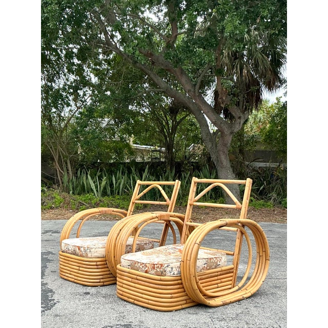 Late 20th Century Vintage Coastal Bent Rattan Circle Lounge Chairs - A Pair For Sale - Image 5 of 12