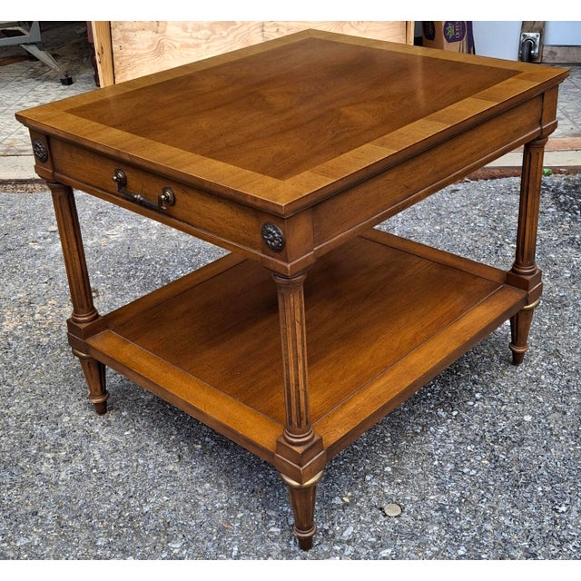 Wood Pair Weiman Rockwood Collection Neo-Classical Crossbanded Walnut Tiered Side Tables For Sale - Image 7 of 12