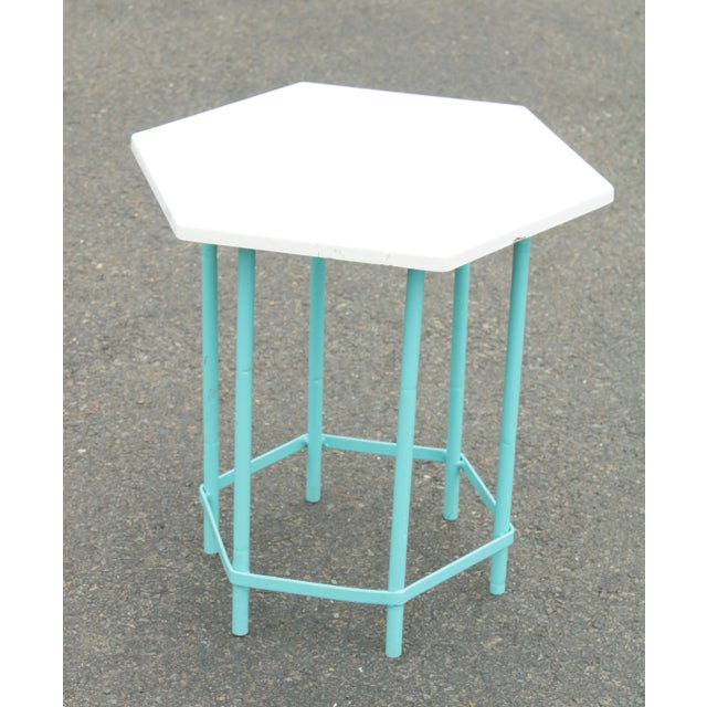 Mid Century Modern Teal Painted Base Hexagon Top Patio Side Table For Sale - Image 11 of 11