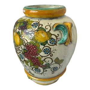 1990s Hand-Painted Large Italian Ceramic Vase: Grape and Lemon Design
