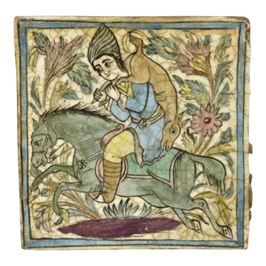 Antique Persian Iznik Qajar Style Ceramic Pottery Square Tile Hunter & Horse C4