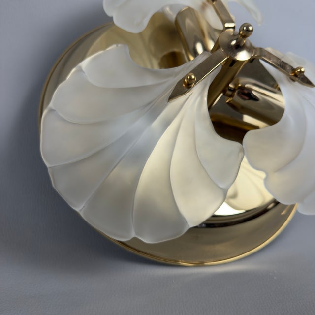 Gold Vintage Ceiling Lamp in Polished Brass Leaves and Satin Glass, 1970s For Sale - Image 8 of 12