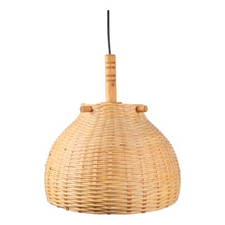 Scandinavian Wicker Rattan and Pine Pendant Lamp, 1960s For Sale