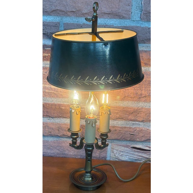 Metal Antique French Bouilette Brass and Metal Shade 3-Light Table Lamp, 1930s For Sale - Image 7 of 11