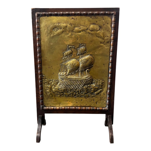Vintage English Wood and Brass Repousse Fire Screen With Maritime Motif For Sale
