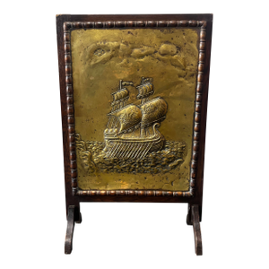 Vintage English Wood and Brass Repousse Fire Screen With Maritime Motif