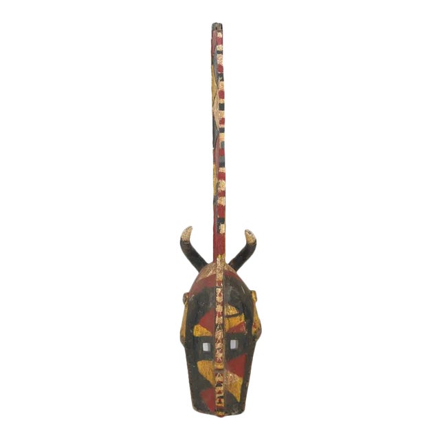 Powerful Primitive Tall African Wood Carved Polychromed Mask For Sale