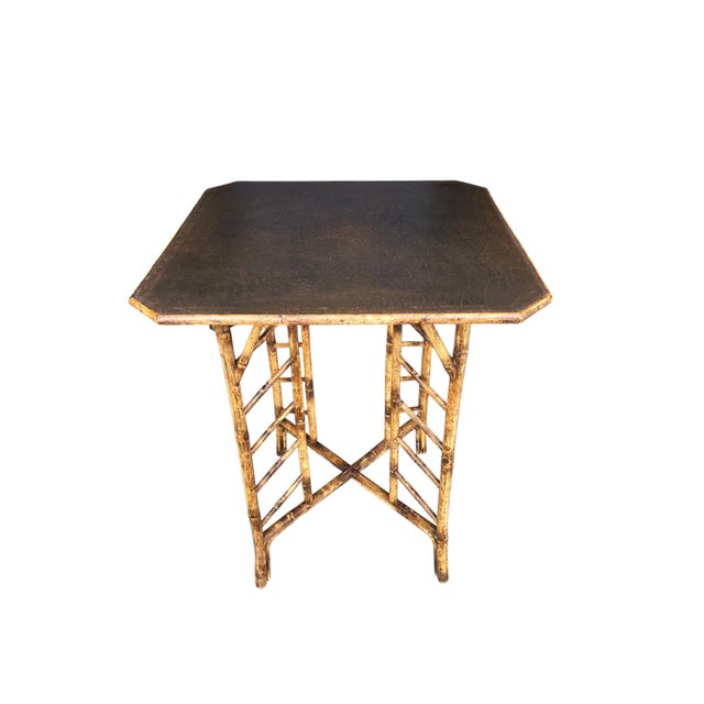 1960s Asian Pagoda Style Bamboo Table & Four Stools With Scenic Painted Panels For Sale - Image 4 of 15