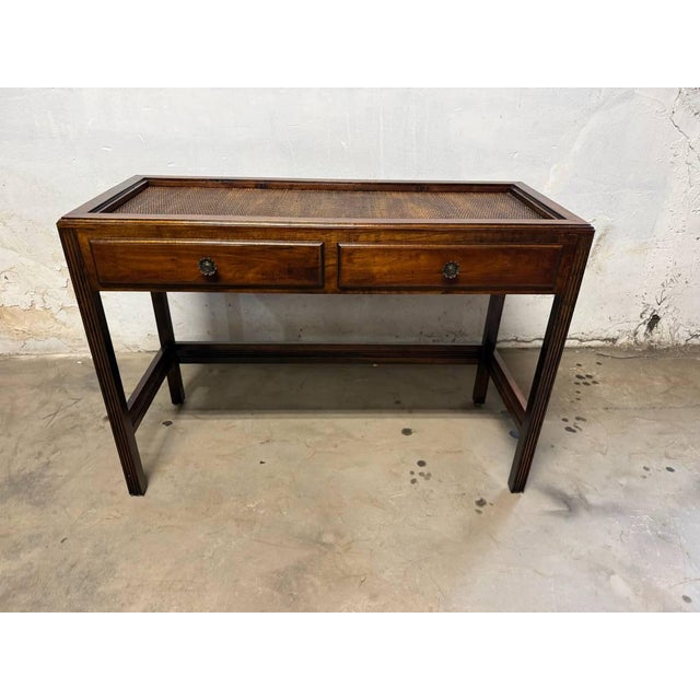 Vintage Chinoiserie style glass and rattan top 2 tier console table desk Glass is removable . It features Chinese Ming-...