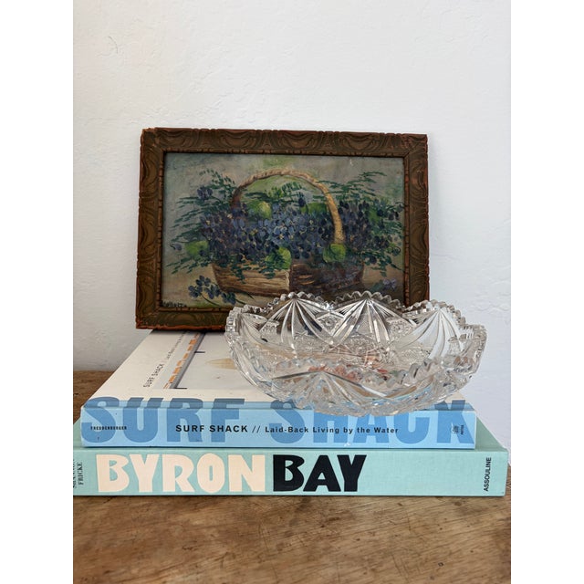 French Country Vintage Still Life Oil Painting - Basket of Violets & Fruit, Carved Wood Frame For Sale - Image 3 of 6