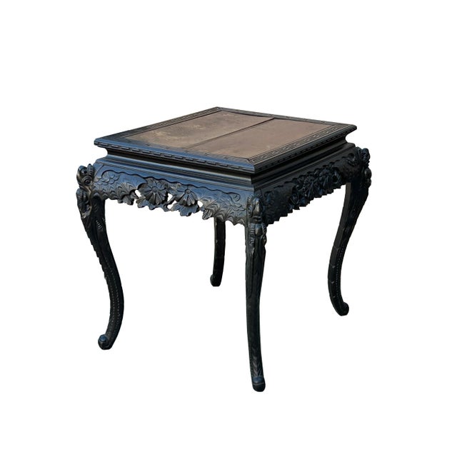 1990s Vintage Chinese Black Relief Floral Carving Apron Claw Legs Side Console Table For Sale - Image 5 of 12